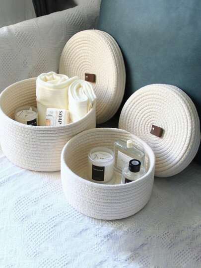 Jute Rope Round Storage Basket With Lid, Multi-Function Decorative Woven Desktop Organizer Storage Bin,Pot, Caddy, Organizer, Container For Snacks, Towels, Plants, Toys, Cosmetics & Sundries, Home Decor Easter Gifts For Women