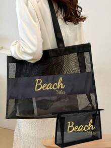 Large Capacity Mesh Shoulder Bag And Convenient Makeup Bag With "Milan" Print, Portable Beach Vacation Tote Bag, Mesh Beach Bag - Multicolor - View 3