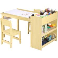 Set de Mesa y 2 Sillas para Arte Infantil con Papel Rodante y Gran Almacenamiento, Mesa de Madera para Manualidades, Dibujo, Aprendizaje y Lectura de Niños, Escritorio de Actividades para Bebés en Casa, Sala de Juegos o Aula, 42" L x 23" W - Amarillo - Ver 1