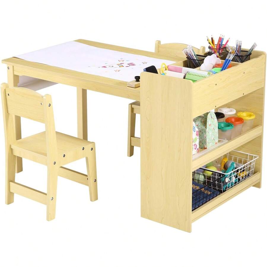 Set de Mesa y 2 Sillas para Arte Infantil con Papel Rodante y Gran Almacenamiento, Mesa de Madera para Manualidades, Dibujo, Aprendizaje y Lectura de Niños, Escritorio de Actividades para Bebés en Casa, Sala de Juegos o Aula, 42" L x 23" W - Amarillo - Ver 1