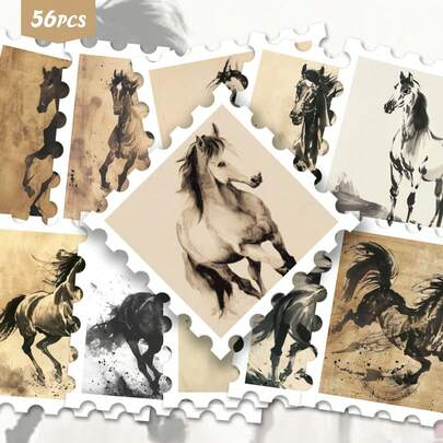 56 pezzi Confezione di adesivi con dipinti ad inchiostro di cavalli in corsa, guarigione | Decalcomanie in vinile delicate con disegni equestri dinamici e arte tradizionale | Per laptop, borraccia e regali | Per amanti dell'arte e dei cavalli e appassionati di vibrazioni