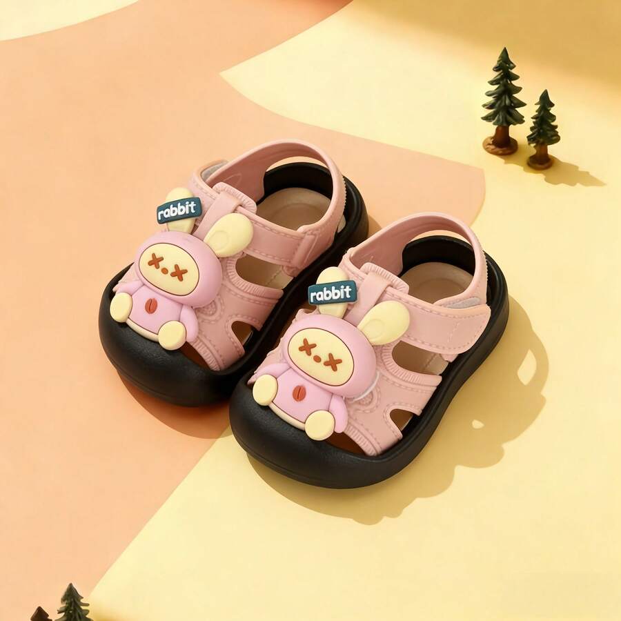 可爱水钻蝴蝶结露趾女童凉鞋，透气沙滩度假鞋 - 粉色 - 查看 1