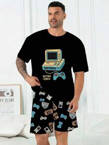 Ensemble pyjama grande taille pour hommes | Top à col rond et manches courtes et short décontracté à taille élastique, ensemble 2 pièces | Tissu en tricot de polyester, doux et respirant ample | Imprimé motif console de jeux rétro, design décontracté - Noir - Voir 4