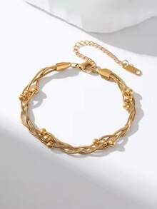 RAYQUEEN 1 pieza Pulsera de cadena de cuentas redonda minimalista de acero inoxidable de 3 capas, adecuada para uso diario - Pulsera - Ver 3