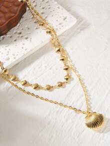 2pcs/Set Ocean Series Double-Layer Shell Pendant Necklace, Suitable For Vacation Wear, Holiday Gift - Gold - View 4