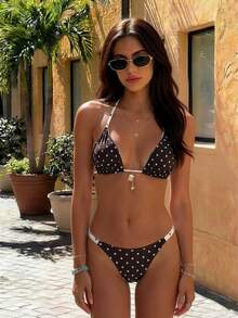Women's Casual Brown & Yellow Polka Dot Bikini Set, Reversible, Spring/Summer Beach Vacation Swimwear - Multicolor - View 6