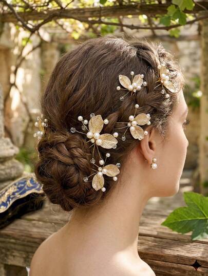 6pcs Gold Leaf & Pearl Handmade Hair Clips, Elegant Crystal U-Shaped Hair Accessories For Bride, Wedding, Party, Bridesmaid