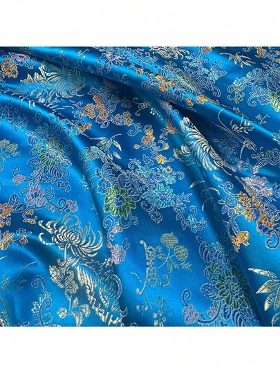 1pc Of Blue Jacquard Fabric In Brocade Weave, Featuring Elegant Floral Patterns, With A Lustrous Satin Texture. Suitable For Interior Decoration Materials And Perfect For DIY Sewing Handicrafts. Width: 29.5 Inch, 130gsm.