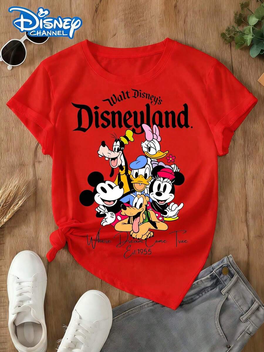 This -Licensed Women's Summer Cotton T-Shirt Is A 2026 Travel Souvenir. The Front Features Classic Characters And Disneyland Logos, Perfect For Taking Photos At Disneyland, As A Travel Souvenir, For Everyday Casual Wear, Or For Matching Family Outfits. It Also Makes An Ideal Valentine's Day Gift For Friends And Family. Men's And Women's Clothing, New Spring Style, Comfortable And Skin-Friendly, Suitable For Outdoor Wear. - Red - View 1