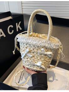 Bolso de paja con volantes y adornos de encaje, lazo dulce, bolso de mano para verano, picnic en la playa, salidas, bolso de hombro estilo francés - Caqui - Ver 8