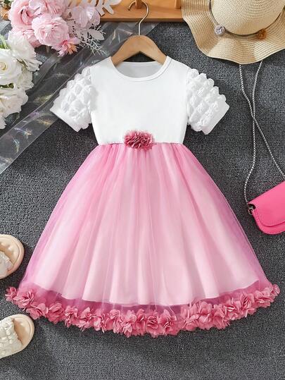 Vestido de niña con mangas abullonadas de malla y aplicación floral, vestido casual de fiesta de vacaciones estilo princesa, adecuado para niñas de 4 a 8 años, verano