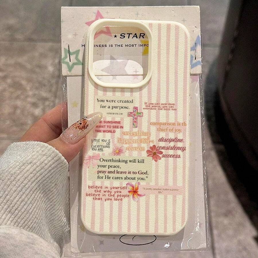 1pc TPU Material Pink Striped Inspirational Text Pattern Phone Case Suitable For IPhone 17 Pro Max/17/16 Pro Max/15/13/12/11, S20 FE/A15/S24/A55, Note 11/Note 12/Note 13 Pro, Full Coverage Anti-Drop Soft Protective Phone Cover - White - View 1