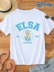 Disney Women's Casual White Cotton T-Shirt With Elsa Frozen Print, Short Sleeve Round Neck Regular Fit Top - 白色 - 查看 2