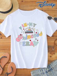 Disney Women's Casual White Cotton T-Shirt With Cartoon Princess & Minnie Mouse Ears Print, Short Sleeve Round Neck Regular Fit Top, Slight Stretch Fabric For Everyday Wear - 白色 - 查看 2