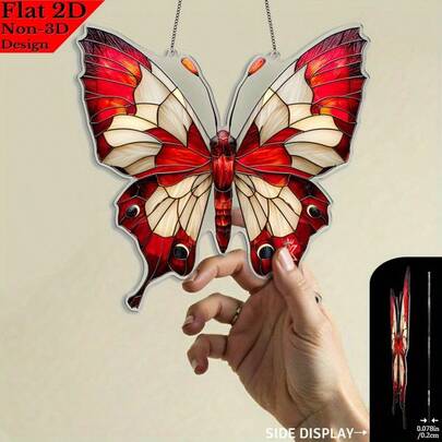 2D Flat - 2D Plane, 1pc, Garden Crimson Butterfly Acrylic Sun Catcher, Sparkling Wings With Soft Gradient Edges, Perfect Window Display, Sweet Gift For Spring Natural Decoration