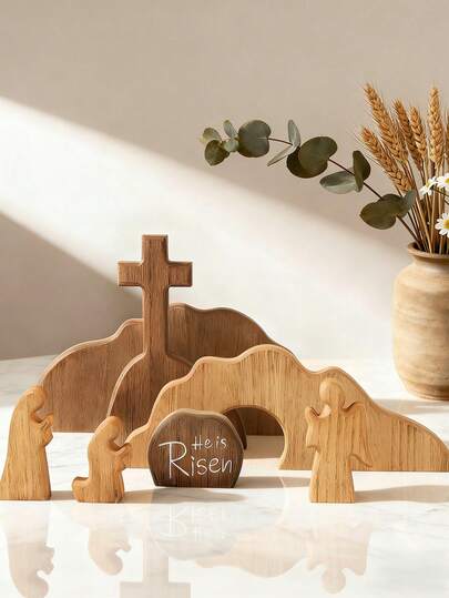 7件套复活节墓地场景及十字架装饰套装，木制复活节复活场景十字架墓地托盘套装，宗教家居办公室桌面装饰礼品