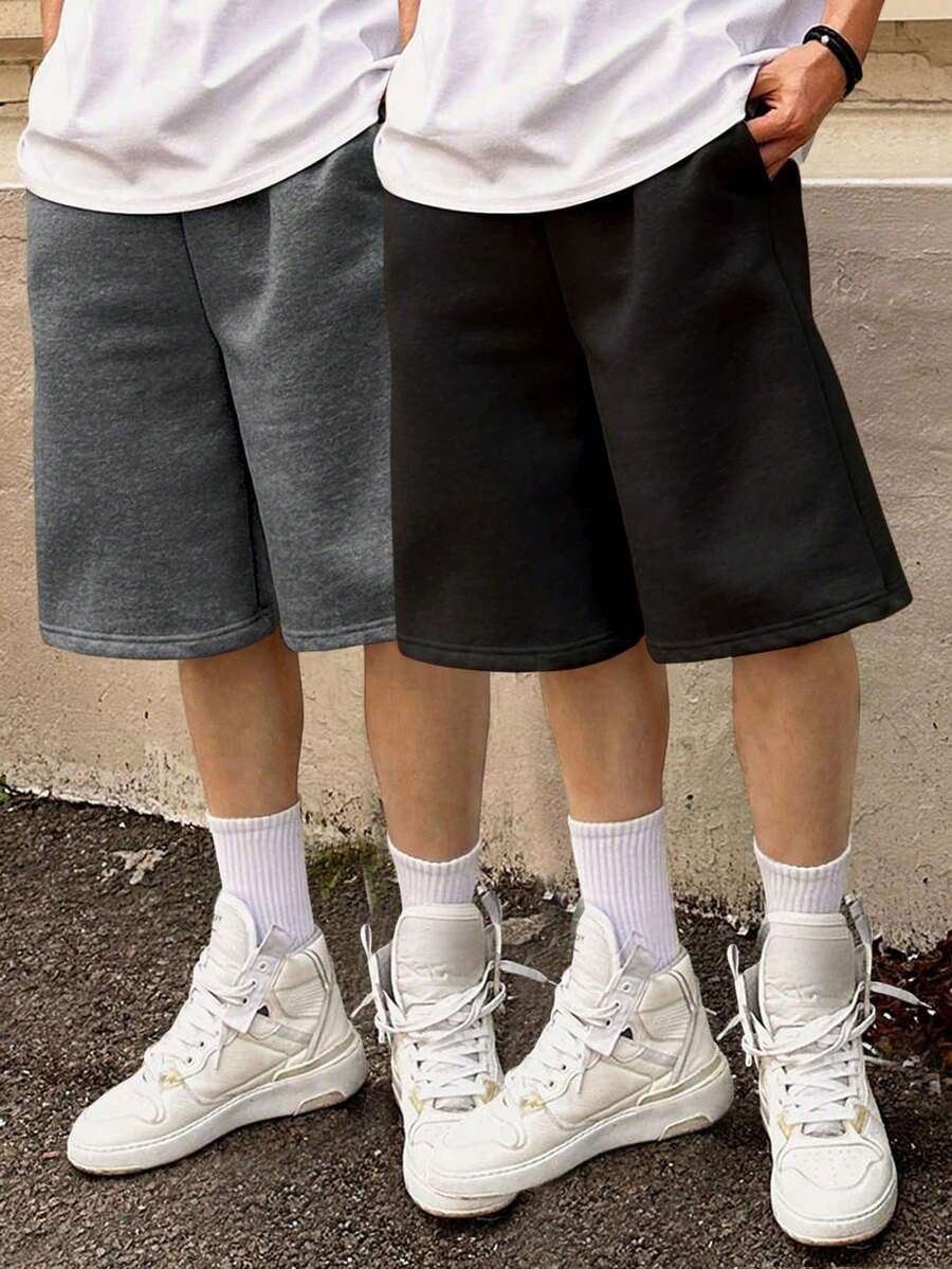 2件裝青少年男孩戶外休閒時尚極簡純色高街百慕達短褲 - 深灰色 - 查看 1