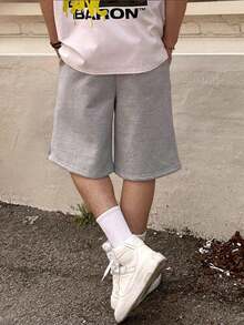 2 piezas Pantalones cortos tipo bermuda para niños preadolescentes, de un solo color, informal, para calle y uso diario, de estilo sencillo - Negro - Ver 5