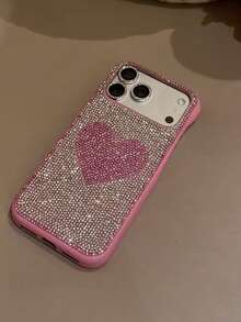 Funda de teléfono con patrón de corazón rosa, con strass en forma de corazón, compatible con iPhone 14/17 Pro/17 Pro Max, estilo de chica de moda, cubierta protectora para primavera y cumpleaños - Fondo plateado con corazón rosa. - Ver 8