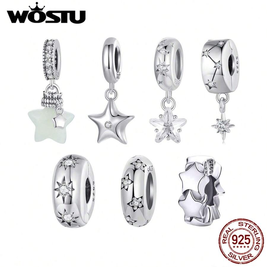 WOSTU 1件925纯银闪亮立方氧化锆星形吊坠，适合女性日常佩戴，可作为女士礼物