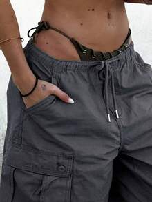 Cargo Shorts For Women Elastic Waist Knee Length  Shorts Summer Outdoor Waterproof Hiking Pants With Pockets - 灰色 - 查看 3