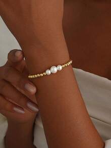 3pcs 14K Gold-Plated Bead Faux Pearl Cross Bracelet Set For Women Stylish, Delicate, Casual Adjustable Stretch Bracelet Set With Asymmetrical Pearl Cross Birthday Gift, Christian Jewelry Gift, Faith Jewelry Gift - Gold - View 11