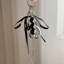 1pc Y2K Grunge Aesthetic Keychain Set With 8-Ball, Dice & Headphone Charms, Black Ribbon Bag Accessory - Black Eight - View 6