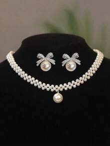 3pcs Fashionable Minimalist Pearl Bow Earrings, Necklace & Jewelry Set, Valentine's Day Decoration Gift For Her - White - View 6
