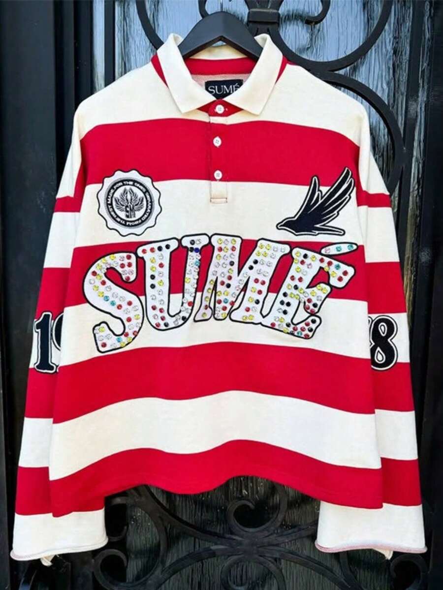 Men's Striped Long Sleeve Polo With Glitter "SUMÉ" Graphic & Bird Motif - Y2K Retro Streetwear Top - 23 - Xem 1