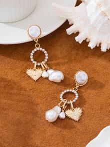 一对时尚水钻仿珍珠心形吊坠耳环，适合女士参加派对、聚会、日常佩戴，百搭礼物。 - 金黃色 - 查看 3