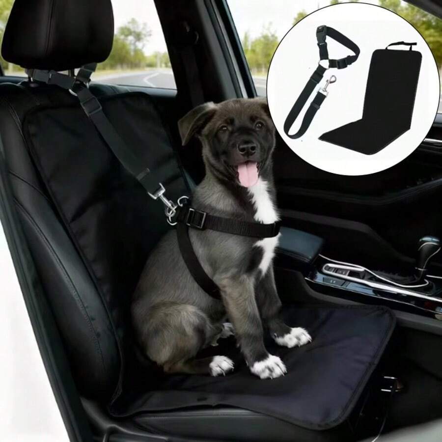 2件套宠物车载配件 - 可调节狗狗车载安全牵引绳，防狗冲撞汽车座椅套 - 适用于大多数车型 - 彩色 - 查看 1