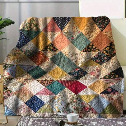 Edredón de retazos florales de colores, manta suave de poliéster con diseño geométrico moderno, confort para todas las estaciones, peso de tela de 200-250 g/m², lavable a máquina - ideal para decoración del hogar y siestas, accesorio acogedor para el hogar | Diseño de edredón vibrante | Poliéster duradero - 76,2 x 101,6 cm