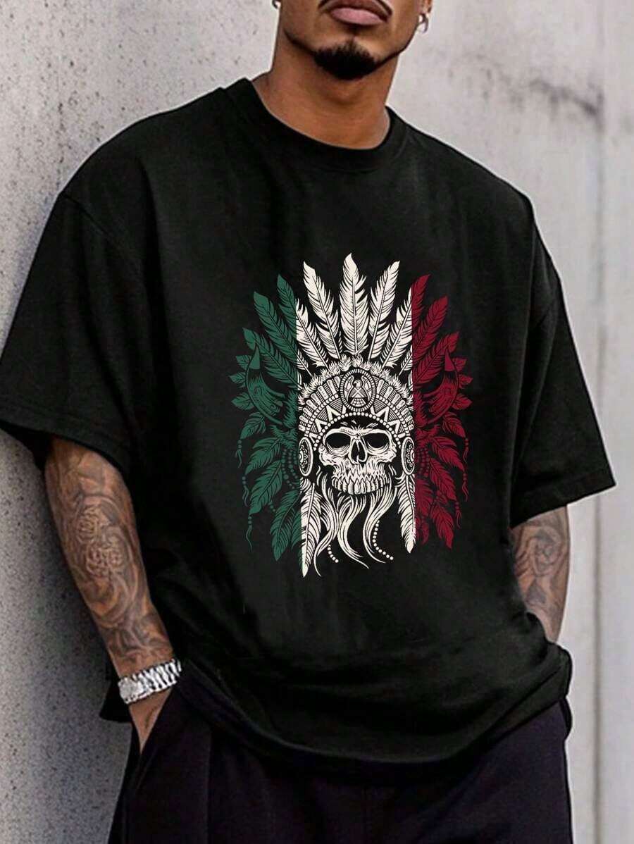 2026 Nueva Camiseta de Manga Corta para Hombre, Estampado Tradicional de Plumas y Calaveras en Verde, Blanco y Rojo, de Moda y Gran - gris - Ver 1