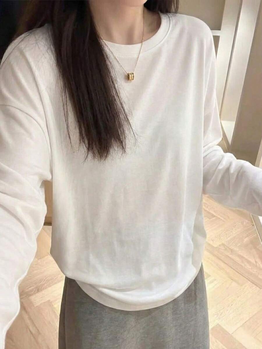 230g 100% Cotton Women's Round Neck Long Sleeve T-Shirt, 2026 New Arrival Women's Spring/Autumn Long Sleeve T-Shirt, Couple Style, Inner/Outer Wear, Spring Cotton Long Sleeve T-Shirt Women Loose White Top, Autumn/Winter Wear Undershirt - White - View 1