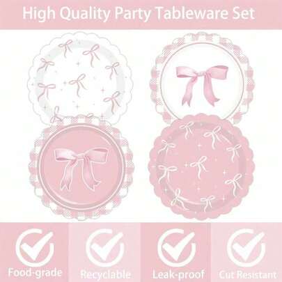 Cute Wavy Bow Cupcake Liners, Pink Dessert Plates, Girly Party Decor Paper Plate Set. Pink Bow Party Paper Plates, Leak-Proof & Durable, Birthday Party Afternoon Tea Dessert Plates, Wedding Baby Shower Party Decor Tableware, High-End Princess Style Party Supplies Set