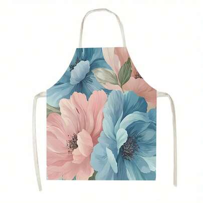 1pc Blue - Pink Floral Pattern Kitchen Apron, Suitable For Kitchen, Living Room, Dining Room, Hotel, Outdoor Barbecue And Other Scenarios, Made Of 100% Polyester, Machine - Washable, Large - Sized Apron
