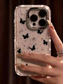 奢华亮黑色蝴蝶星形透明全包手机壳，适用于 17、17 Air、17 Pro、17 Pro Max、16、15、14、13、12、11 Pro Max，带水钻镜头保护，柔软 TPU 材质，防震防摔，男女通用 - 無色 - 查看 3