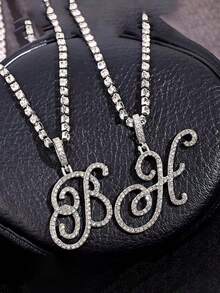 镶钻网球链 + 草书字母吊坠，男士街头风项链 - 男士草體字母項鍊 - 查看 5