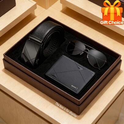 Conjunto de 3 piezas casual y de negocios versátil y minimalista para hombres: Cartera de piel de PU + Cinturón versátil + Gafas de moda elegantes, esencial para uso diario y para ir al trabajo, regalo perfecto para amigos, novios, padres en cumpleaños, aniversarios, Día del Padre, San Patricio, graduación, regreso a clases, bodas