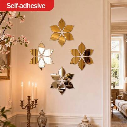 24件套金色花朵造型大型装饰镜套装 - 金色艺术装饰镜 - 法式风格 - 适用于浴室、客厅、门厅墙面装饰，适合家居装饰