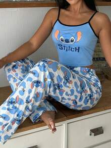 Disney 两件套女士字母卡通印花吊带背心和阔腿裤休闲家居服套装 - 彩色 - 查看 4