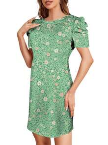 Green Floral Pattern With White And Pink Flowers On Fabric Summer Dresses For Women Casual Petal Sleeve Swing Vacation Dress - Nhiều màu - Xem 2