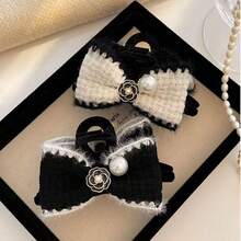 Camellia Knitted Elegant Bowknot Claw Clip, Flocked Pearl Hair Claw For Updo Hair - Multicolor - View 2