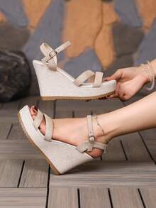 New Summer Wedge Fairy Sandals Thick Sole Waterproof Height-Increasing Slimming Platform Shoes - Khaki - View 4