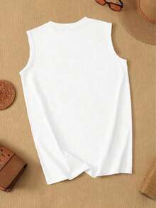 Regata estampada, blusa casual sem mangas para o verão, look feminino de verão, looks para férias, looks de praia, regata plus size com gola redonda branca. - Branco - Ver 4