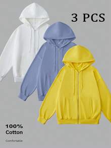 Men's Cotton Zip-Up Hoodie, Solid Color Basic Loose Fit Thin Lightweight Soft Breathable Drapey Drop Shoulder Long Sleeve Top, Casual Everyday Vacation Versatile, 3-Piece Set In Multiple Colors - White + Light Blue + Bright Yellow - View 4