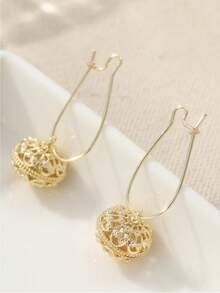 Luxury Floral Hollow Ball Pendant Earrings, Handmade Pure Copper Jewelry For Women, Suitable For Daily Wear, Ideal Gift Choice - Gold - View 7