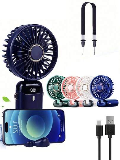 1pc Handheld Mini Fan, Portable USB Rechargeable Fan, Electric Fan, Neck Hanging Fan, USB Fan, 5 Wind Speeds, With Digital Display And Lanyard, Portable Fan, Turbo Fan, 90° Foldable With Stand, Can Be Used As Phone Holder, Makeup Fan, Suitable For Office Desk, Dorm, Rechargeable, Outdoor Use, Summer Travel Essential, 800mAh Battery Capacity