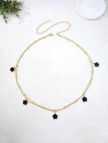 1件双层串珠链黑色五瓣花吊坠腰链，性感比基尼海滩度假饰品 - 黑色 - 查看 8