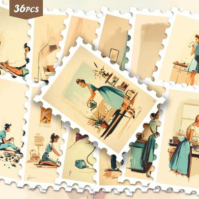 36pcs Retro American Lady Illustration Art Stickers Pack | Dynamic Vinyl Decals With Whimsical Mid-Century Lifestyle & Scene Designs | For Laptop, Decor & Gift | For Art Fans & Atmospheric Vibe Enthusiasts Scrapbook Supplies Scrapbooking